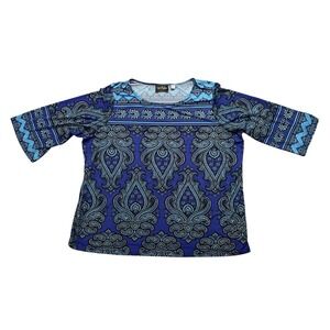 Bob Mackie Blouse Womens 2X Blue Paisley Boat Neck 3/4 Sleeve Top Wearable Art